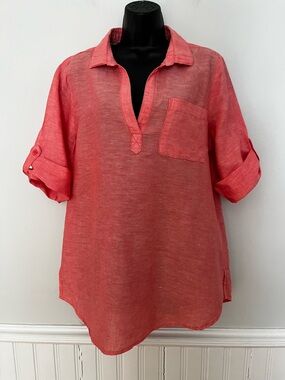 Fleur Bleue Coral Linen Blend Popover Tunic, Size Large